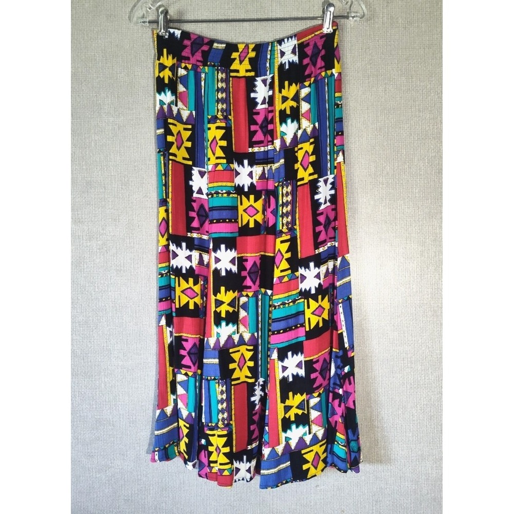Vintage C.M. Shapes Colorful Aztec Print Midi Skirt Crepe Crinkle Size Small